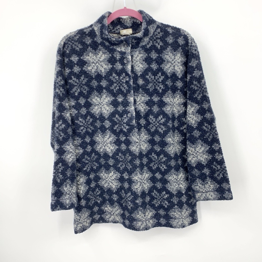LL Bean Women Size Medium Pullover 1/2 Button Sherpa Fleece Top Blue‎ Print